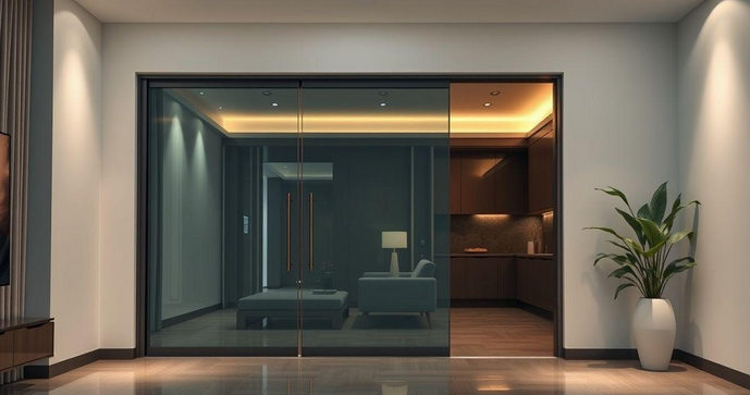 Divisória em Vidro Temperado com Porta Correr para Ambientes Modernos Divisória em Vidro Temperado com Porta Correr para Ambientes Modernos